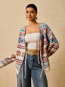 Travachic 大码女式费尔岛图案，前系蝴蝶结针织夹克，复古假日毛衣开衫毛衣上衣女式毛衣系带前毛衣女式开衫冬季毛衣图案毛衣几何毛衣秋季女式圣诞节大码女式毛衣圣诞套头衫 - 彩色 - 查看 5