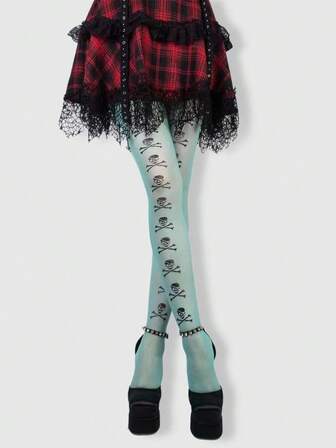 Grunge Punk Medias/Pantis/Leggings de rejilla sexy con estampado de esqueleto de Halloween para mujeres