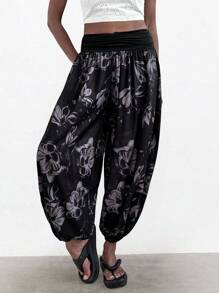 EMERY ROSE 女性植物印花彈性腰部褶皺腳踝褲