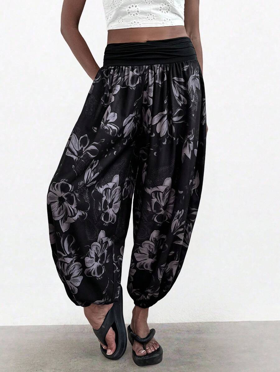 EMERY ROSE 女性植物印花彈性腰部褶皺腳踝褲