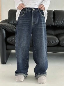 Dazy Kids 男童直筒百搭牛仔裤，秋季休闲裤 - 深色水洗藍 - 查看 3