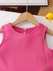 2pcs Young Girl Textured Fabric Contrast Hem Sleeveless Top & Casual Shorts Set Girls Pink Two Piece Set Girls Summer Outfits Pink Short Sets Girls