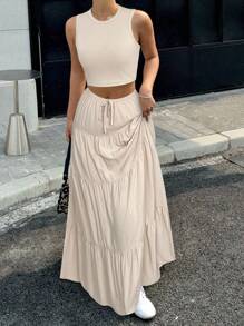 SHEIN EZwear 女式纯色短款背心和荷叶边下摆中长裙休闲两件套，夏季 - 卡其色 - 查看 6