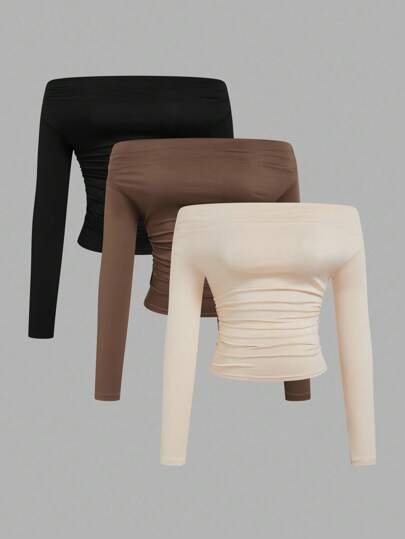 Sweetra Solid Color Cold Shoulder Top, Fitted Long Sleeve, Casual & Fashionable, Suitable For Daily Wear