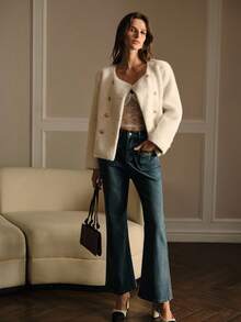 MOTF PREMIUM 双排扣长袖仿皮草大衣 - 米色 - 查看 6