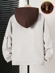 男童休闲街头风字母滚边抓绒连帽外套，适合秋冬季上学和外出穿着 - 灰色 - 查看 2