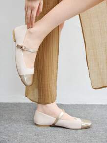 CUCCOO BIZCHIC 女式拼色方头扣带平底玛丽珍鞋 - 米色 - 查看 4