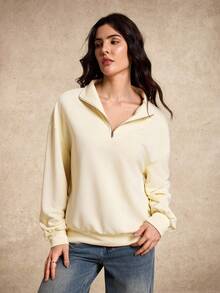 House of One Zip-Up Front Mock Neck Plain Casual Sweatshirt Women Autumn Winter Pullover For Women - Khaki - View 4