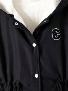 SHEIN Explorewe 少女休闲简约加厚连帽外套，胸前字母刺绣，松紧腰带，适合秋冬季外出、上学、通勤、旅行 - 黑色 - 查看 5