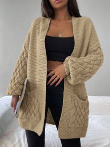 EURMUSE Dual Pocket Drop Shoulder Open Front Cardigan - Camel - View 6