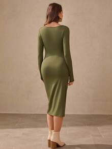 Wildy 秋季新款美式乡村休闲修身针织打底衫，收腰开衩绿色针织连衣裙 - 綠色 - 查看 3