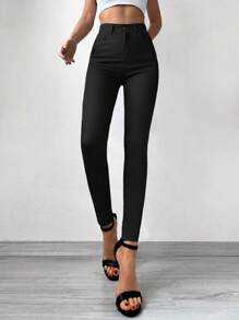 SHEIN Cottnline Jeans Entallados De Talle Alto - Negro - Ver 3