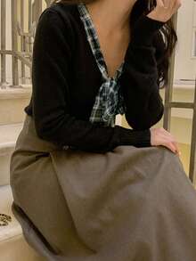 DAZY French Retro Elegant Bow V-Neck Short Knit Sweater Fall Plaid - Black - View 8