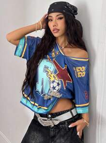 Coolane 女款春夏 Y2K 街头风复古透气网眼图案足球 T 恤 - 彩色 - 查看 3