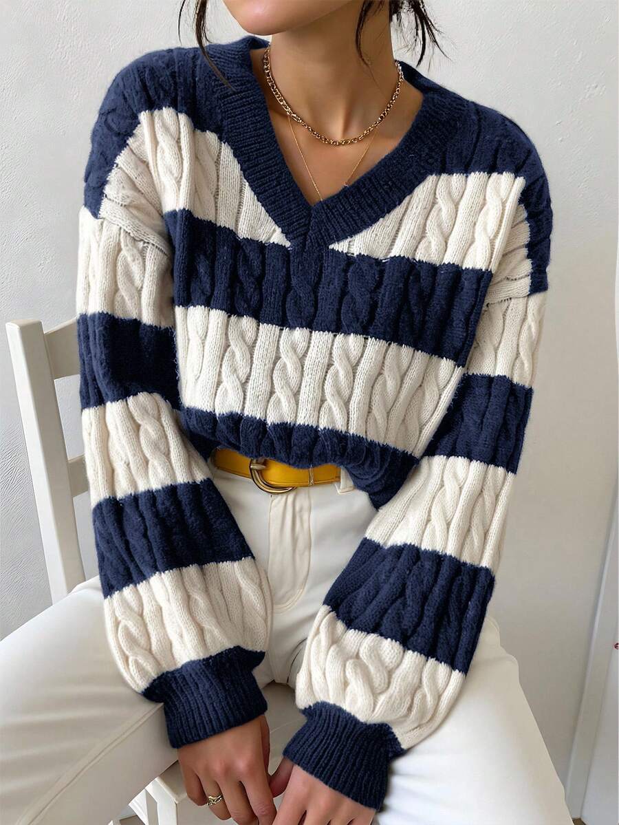 SHEIN 少女黑白V领条纹纹理针织灯笼袖宽松休闲优雅通勤毛衣 - 藏蓝色 - 查看 1