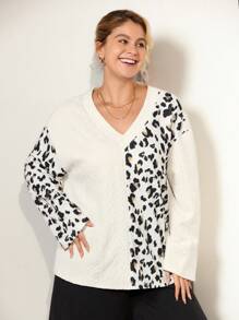 Momelise Tee-shirt à manches longues pour femmes grandes tailles, col en V, imprimé léopard patchwork. Tenue décontractée pour l'extérieur, campagne, vacances d'été tout blanc, promenade printanière ensoleillée, vacances, look vintage de fête. Pull tricoté marron d'automne pour femmes - Multicolore - Voir 4