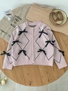 SHEIN Young Girl Geometric Pattern Bow Front Cardigan,In Fall/Winter