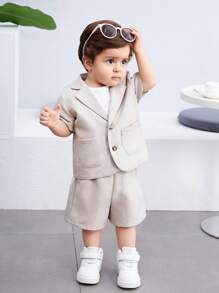 Chaqueta de manga corta simple unicolor estilo coreano casual para niño y niña con cuello de traje y cintura elástica, pantalones cortos unicolor a juego adecuados para verano - Multicolor - Ver 1