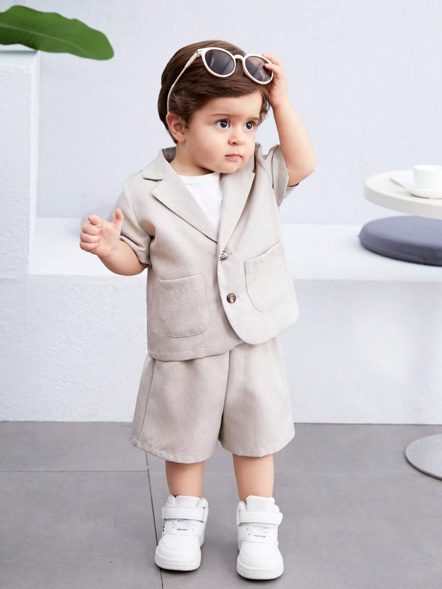 Chaqueta de manga corta simple unicolor estilo coreano casual para niño y niña con cuello de traje y cintura elástica, pantalones cortos unicolor a juego adecuados para verano - Multicolor - Ver 1