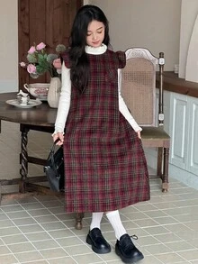 DAZY Girls Plaid Dress With Flutter Sleeves, Casual Plaid Pinafore Dress, Fashionable Street Style For Fall/Winter - Multicolor - View 2