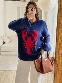 Vionelle 大码女式法式针织提花套头衫，时尚优雅，百搭休闲，适合秋冬 - 藍色 - 查看 5