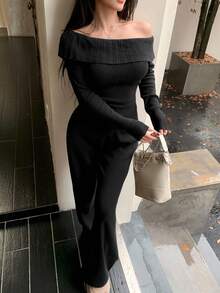 DAZY Women's Solid Color Off-Shoulder Long Sleeve Sweater And Knitted Pants Casual 2-Piece Set - Black - View 5