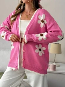 EURMUSE 可爱 V 领撞色条纹领口超大宽松舒适花卉图案纽扣开衫，适合秋冬女装 - 粉色 - 查看 7