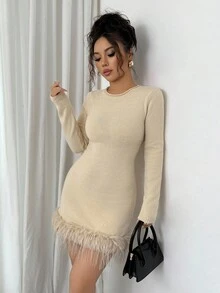 Elenzga 女式流苏边圆领长袖修身优雅针织连衣裙 - 杏色 - 查看 6