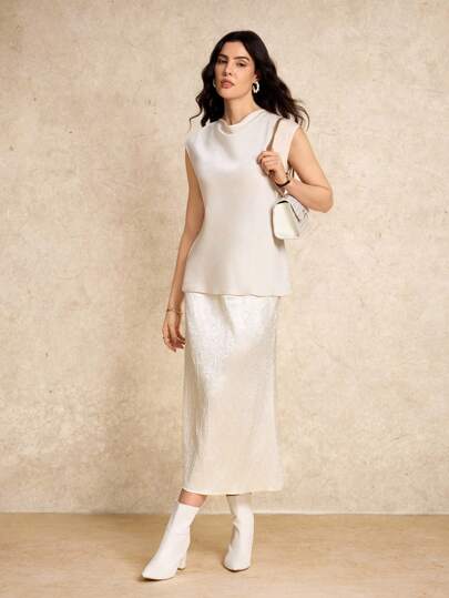 House of One Elastic Waist Textured Satin Midi Skirt Women Casual Elegant Spring Autumn Fall Outfits Business Professional Women Business Casual Woman