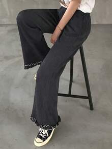 FRIFUL Pantalones casuales rectos y sueltos con cintura elástica, cordón y decoración de pespunte en contraste, versátiles para el otoño - Gris - Ver 5