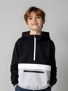 SHEIN Tween Boy Casual Sports Street Fashion Hooded Jacket, Loose Fit Color Block Zip-Up Windbreaker, Suitable For Commuting, School, Daily Leisure, Sports Activities, Autumn/Winter Season, Windbreaker Jacket Boys Hoodies For Teens Boys Hoodie With Pockets ,Teen Hoodie Boys Fall - Black - View 7