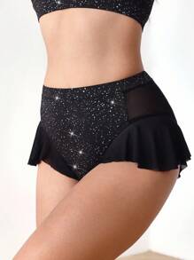 Menodora SHEIN Sport 女式亮面印花撞色网眼荷叶边运动三角裤 - 黑色 - 查看 7