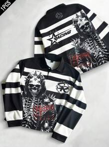 Manfinity EMRG Áo nỉ chui đầu họa tiết sọc Punk cá nhân hóa phong cách đường phố retro tối màu dành cho nam, áo khoác trùm đầu có mũ gai với đầu lâu xương, in chữ xe máy, thích hợp làm quà tặng bạn trai, trang phục đường phố mùa hè - Đen và trắng - Xem 1