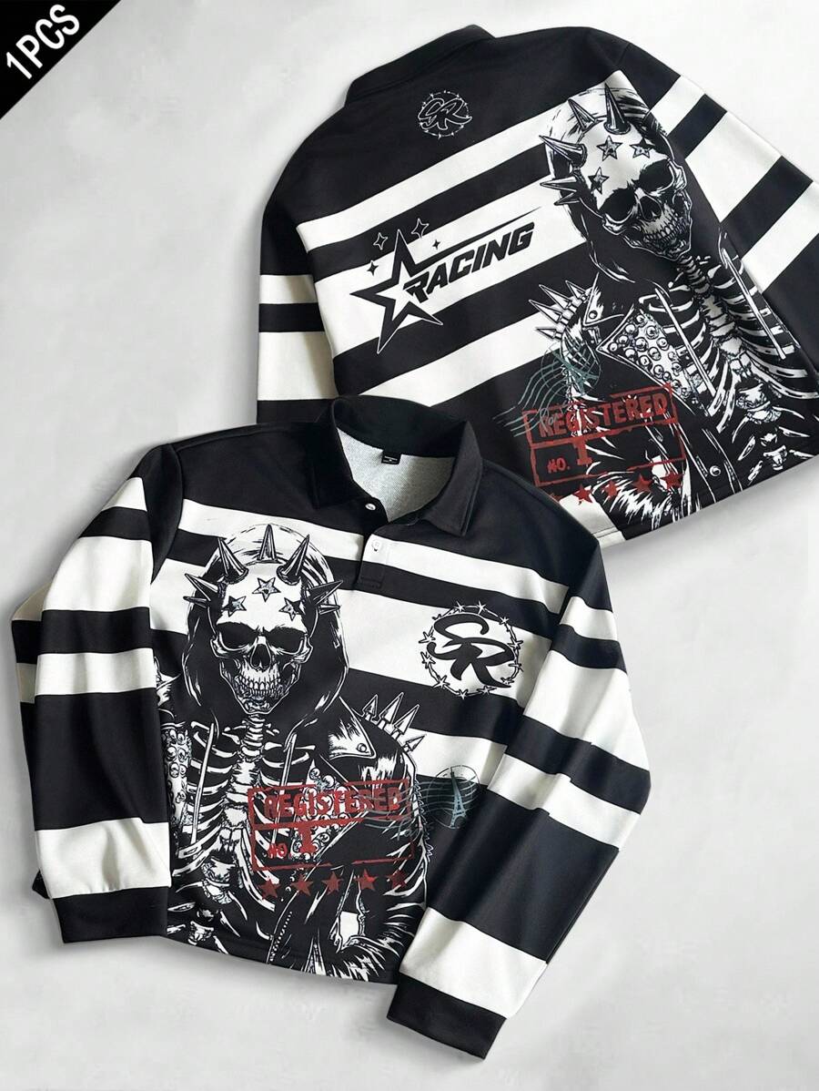 Manfinity EMRG Áo nỉ chui đầu họa tiết sọc Punk cá nhân hóa phong cách đường phố retro tối màu dành cho nam, áo khoác trùm đầu có mũ gai với đầu lâu xương, in chữ xe máy, thích hợp làm quà tặng bạn trai, trang phục đường phố mùa hè - Đen và trắng - Xem 1