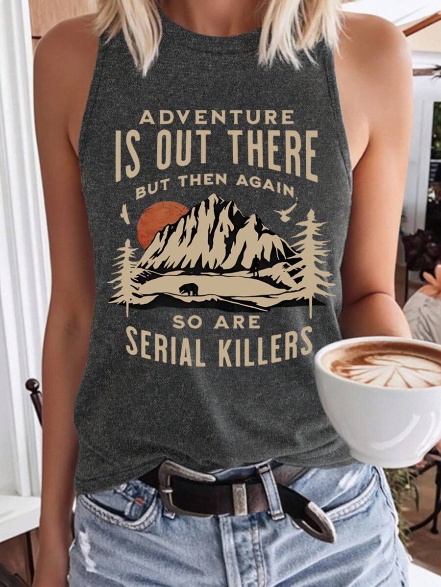 INAWLY 字母与山脉印花圆领休闲百搭背心 - 深灰色 - 查看 1