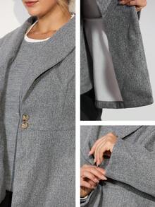Momelise Plus Size Casual Elegant Daily Office Commute Solid Color Umbrella Hem Mandarin Collar Textured Button Detail Blazer Vintage Autumn Fall Cloth For Women Winter - Grey - View 8