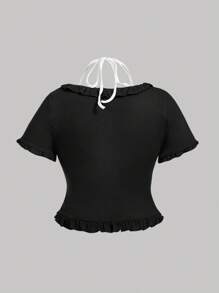 SHEIN MOD 大码女式黑色针织蝴蝶结上衣 T 恤，可爱 T 恤 - 黑與白 - 查看 3