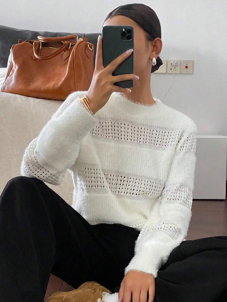 Women's Loose Striped Hollow Out Round Neck Long Sleeve Casual Sweater, Spring/Autumn
