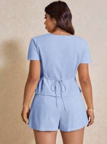 Elaquor Plus Size Summer Casual Solid Color Shirt & Shorts 2 Pieces Set - Baby Blue - View 3
