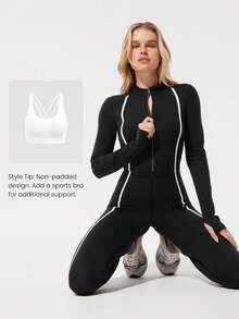 GLOWMODE Bộ jumpsuit dài tay 24" FeatherFit™-Air Bold Glow, chất liệu mềm mại, thoáng khí, thấm hút mồ hôi, khóa kéo phía trước, eo kiểu corset, sọc tương phản, lỗ xỏ ngón tay cái, lưng chữ V sâu, mút ngực có thể tháo rời, thích hợp cho hoạt động thể thao hàng ngày nhẹ nhàng, mùa xuân hè. - màu đen - Xem 10