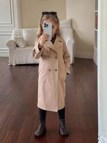 SHEIN 女童编织双排扣翻领宽松长款法式风衣、派克大衣、风衣，休闲军装风，适合通勤和户外活动，春夏秋冬皆宜，Y2K风格女童装，金属质感外套，Y2K风格女童装，银色外套，儿童酷炫装扮，少女装，万圣节、返校季、母女亲子装。