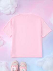 My Little Pony X SHEIN 青少年女孩休闲可爱卡通飞马和字母图案宽松短袖 T 恤，夏季 - 粉色 - 查看 2