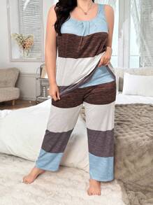SHEIN 大码多色条纹印花背心和裤子休闲家居服睡衣套装 - 彩色 - 查看 6