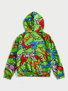 TEENAGE MUTANT NINJA TURTLES | SHEIN Men's Casual Everyday Cartoon Turtle Print Pocket Hoodie, Fall - Green - View 2