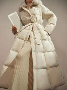 DAZY 女士优雅拼布毛领腰带厚垫长款大衣，秋冬 - 白色 - 查看 5