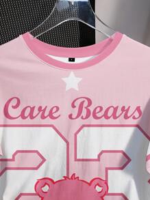 SHEIN X Care Bears 女士休闲圆领短袖粉色T恤，舒适夏季运动数字条纹衫，卡通可爱英文字母印花图案 - 白色 - 查看 4