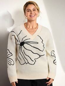 Momelise Plus Size Floral Pattern Knit Sweater, Casual For Autumn/Winter Fall Cloth For Women - Multicolor - View 6