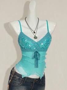 SHEIN ICON 女式性感辣妹千禧风格 Y2K 前卫时尚亮片拼接网眼蕾丝系带 V 领不对称多层下摆修身湖蓝色吊带上衣，性感上衣 - 綠色 - 查看 5