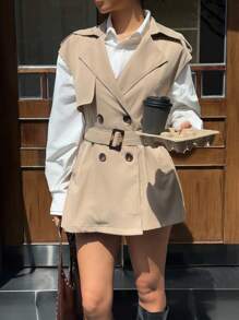 SHEIN EZwear Double-Breasted Lapel Sleeveless Trench Coat, Back To School,Fall - Khaki - View 5