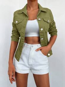 EURMUSE Flap Detail Button Front Denim Jacket - Olive Green - View 4